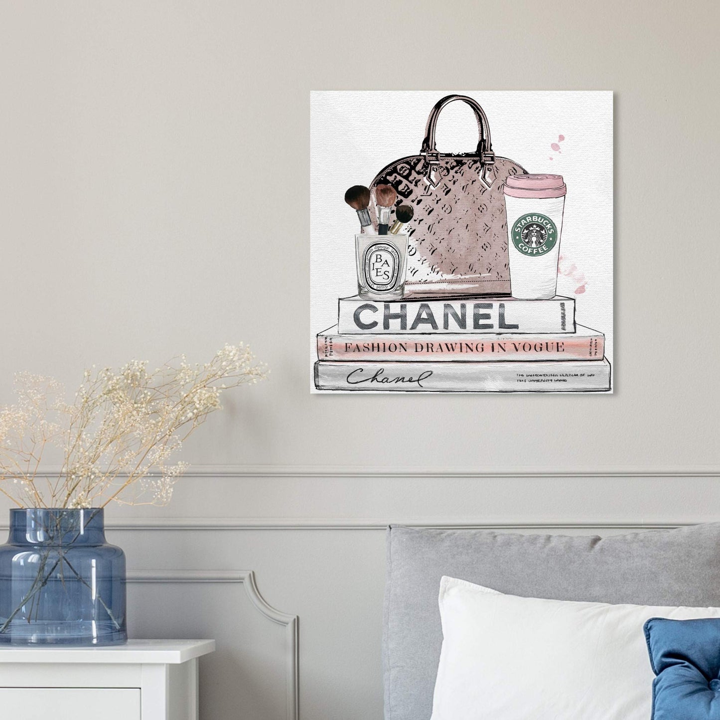 The Oliver Gal Artist Co. Blush and Make Up Brush | Modern Premium Canvas Print The Fashion Wall Art Decor Collection, 16" x 16", Pastel Pink