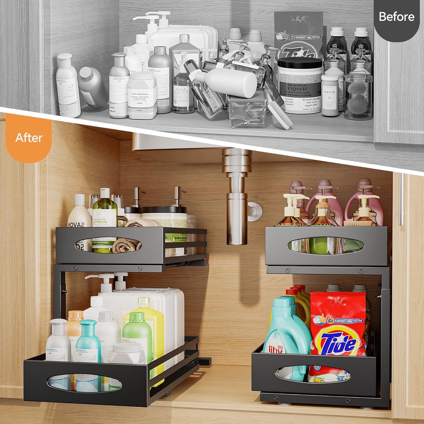 Under Sink Organizer - Skiennix 2-Tier Adjustable Storage Solution | Pull-Out Metal Drawer for Kitchen & Bathroom (Black)