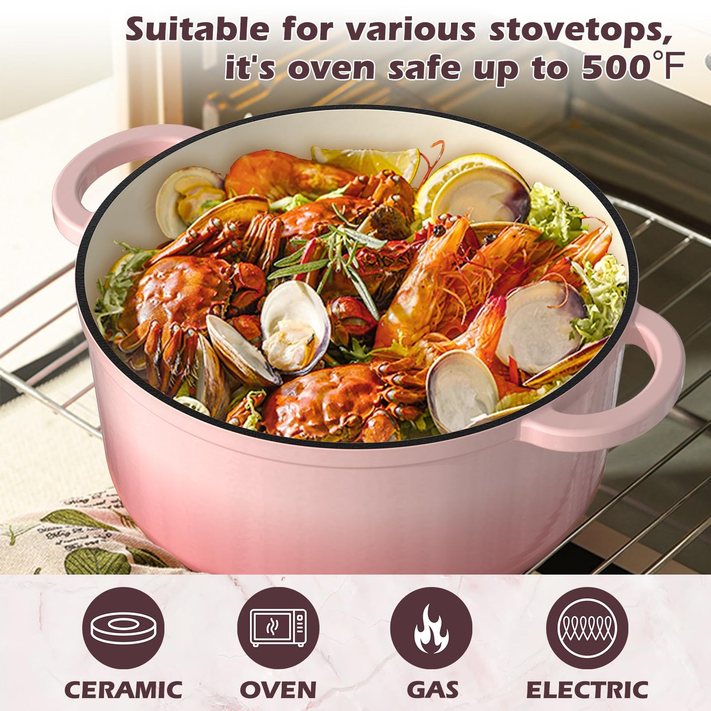 Umite Chef Enameled Cast Iron Dutch Oven-7QT Pot with Lid Cookbook & Cotton, Heavy-Duty Cookware for for Bread Baking, Braising, Stews, Marinate, Cook(Pink)