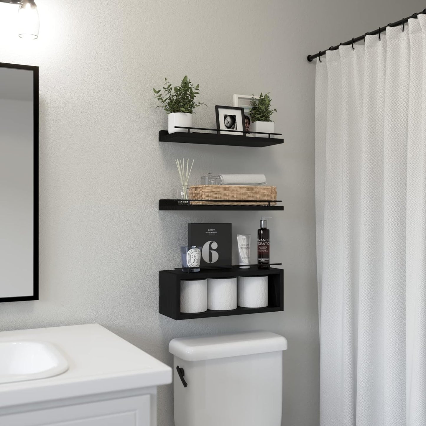 WOPITUES Floating Wall Shelves - Stylish Cube Shelf with Metal Rail for Bathroom Storage | Black