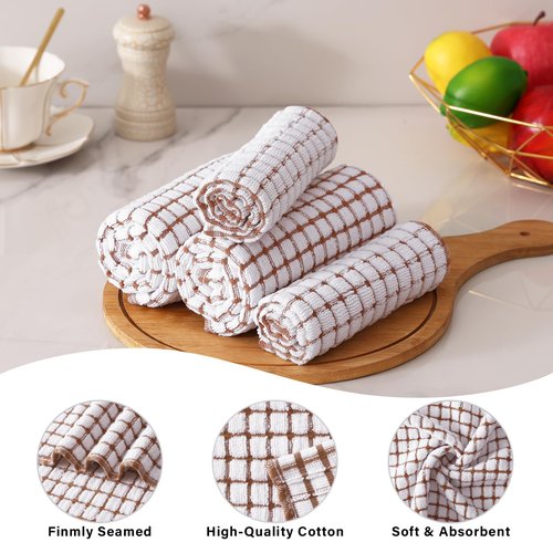 Homaxy Kitchen Towels and Dishcloths Set, 16 x 25 and 12 x 12 Inches, Set of 8 Cotton Terry Kitchen Dish Towels, Super Soft and Absorbent Dish Cloths, Brown