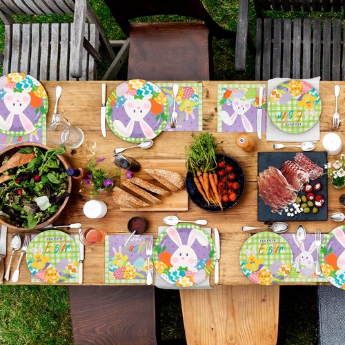 DYLIVeS Easter Party Plates Napkins, 150 Pcs Set 9" Paper Dinner Plates, 7" Dessert Plate, 6.5" Luncheon Napkins Bunny Colorful Eggs Disposable Tableware Set Kids Easter Party Decorations Serves 50
