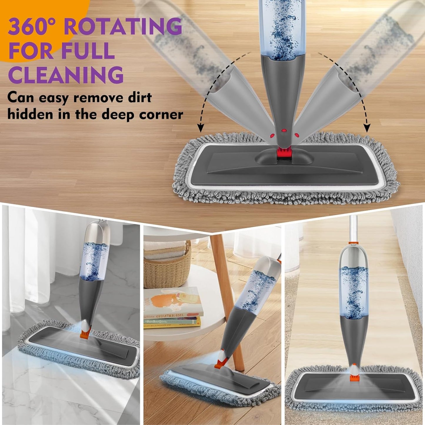 Skiennix Spray Mop - Microfiber Floor Cleaning Mop with Washable Pads & 800ml Refillable Bottle
