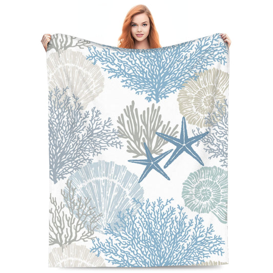VODRM Nautical Coastal Blanket Starfish Seashell Coral Beach Themed Throw Blankets Gifts for Adults Sea Ocean Theme Lightweight Soft Fleece Cozy for Sofa Couch Bed Room Birthday Decor 50x60in