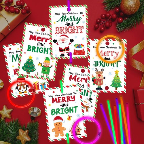 Haooryx Christmas Glow Stick Bracelets Bulk - 36 Pack Merry and Bright Glow Stick Bracelet with Gift Card Light up Toy for Kids Christmas Night School Party Favor Student Reward Game Prize Xmas Supply