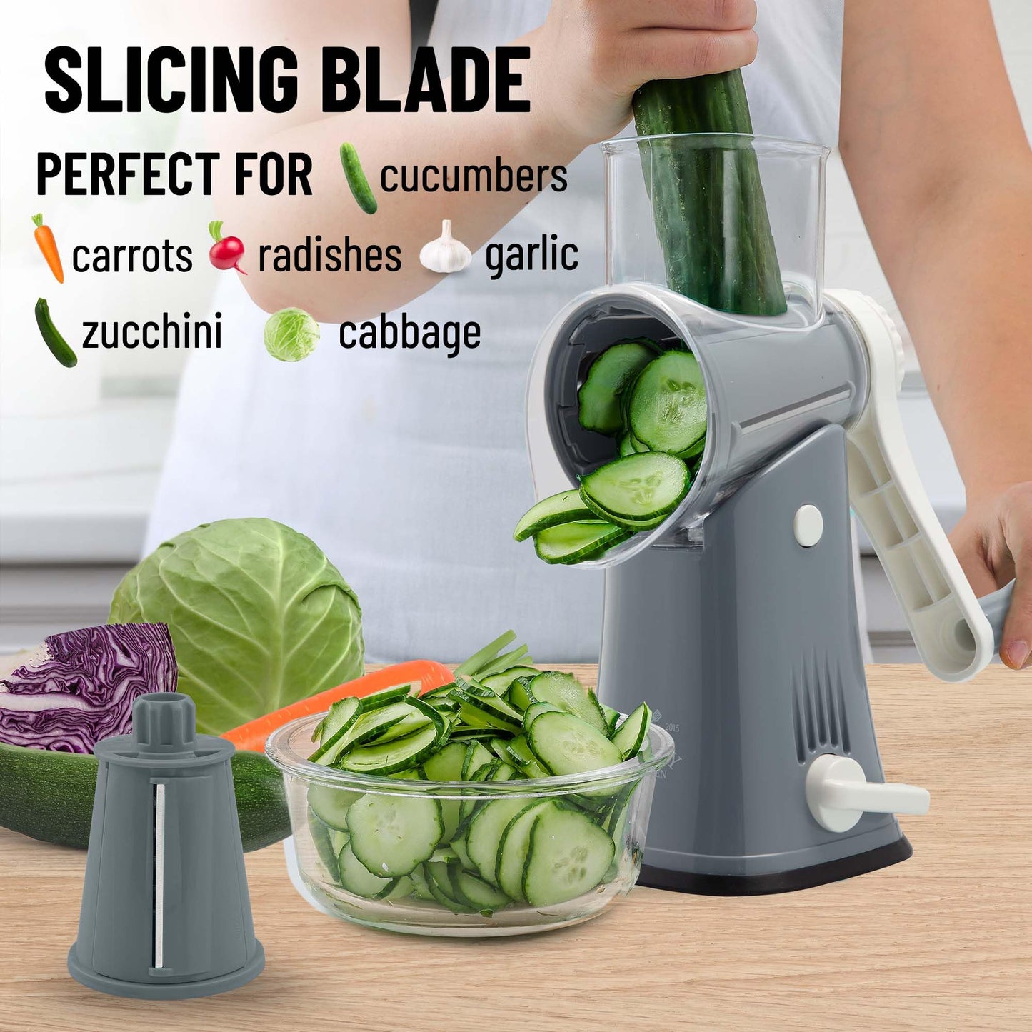 Zulay Rotary Cheese Grater 5 Blade Cheese Shredder - Manual Hand Crank Cheese Grater With Reinforced Suction & 5 Interchangeable Drums - Easy to Use Vegetable Chopper - Cloud Whisper