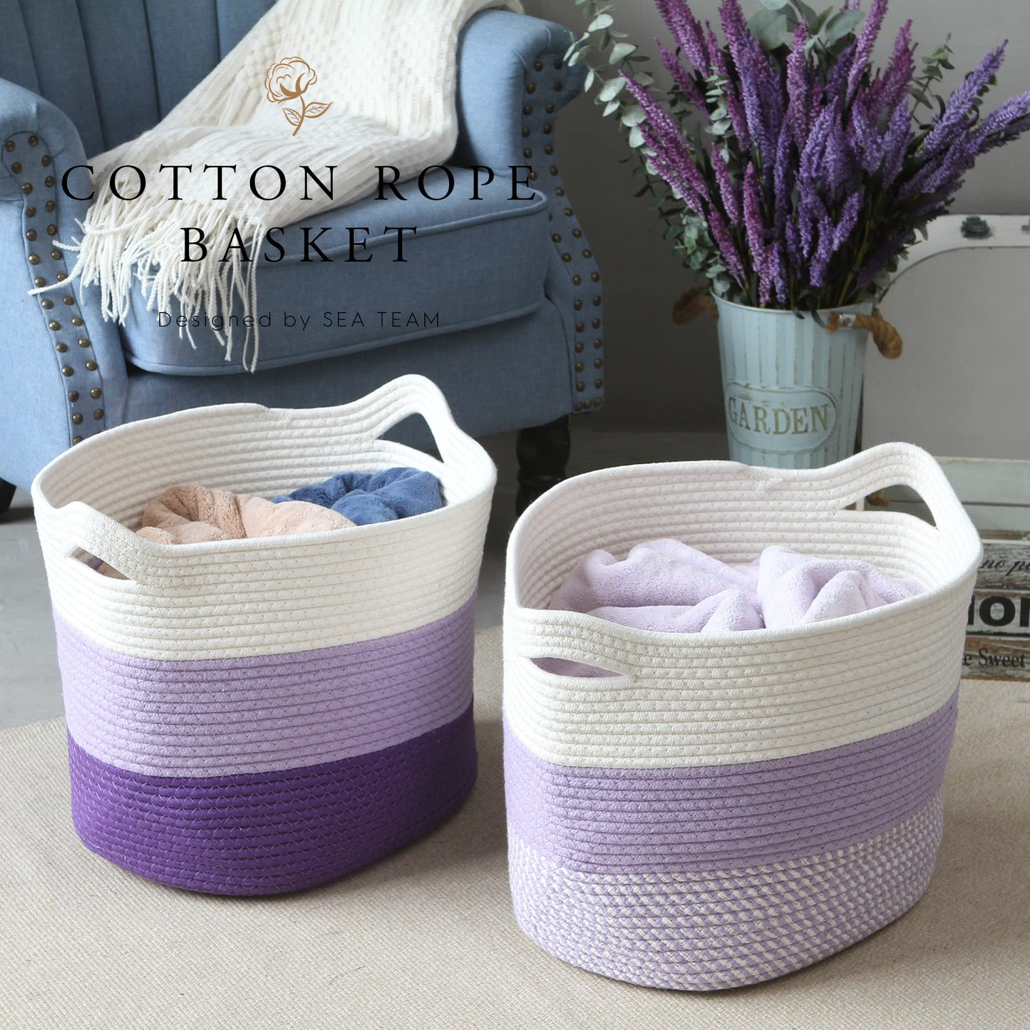 Sea Team Oval Large Cotton Rope Woven Storage Basket with Handles, Diaper Caddy, Baby Shower Basket, Nursery Nappies, Clothes Toys Organizer for Kid's Room, 16 x 13 inches, White & Lavender