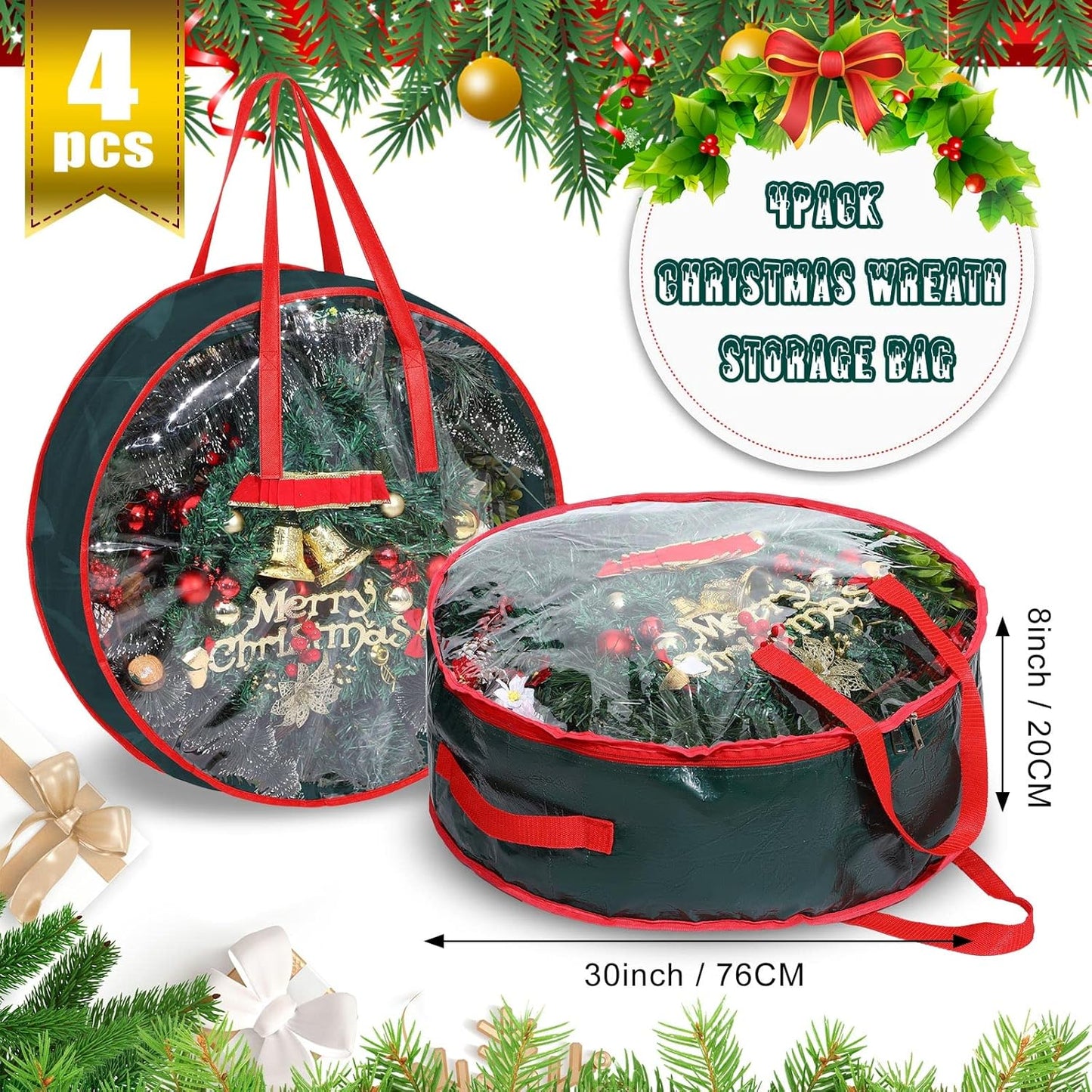 Shappy Christmas Wreath Storage Bag - 4 Pcs with Clear Window & Handles | Green, 30 x 7 Inch
