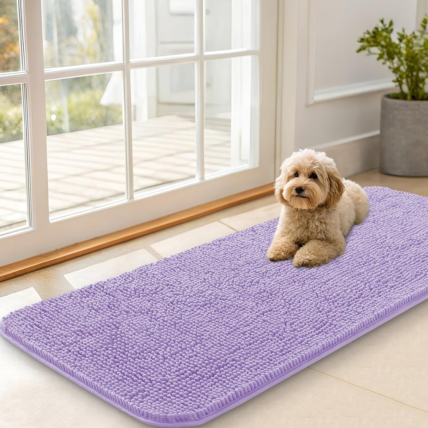 OLANLY Dog Door Mat - Absorbent Non-Slip Washable Doormat for Muddy Paws | 47x20 Inches, Lavender