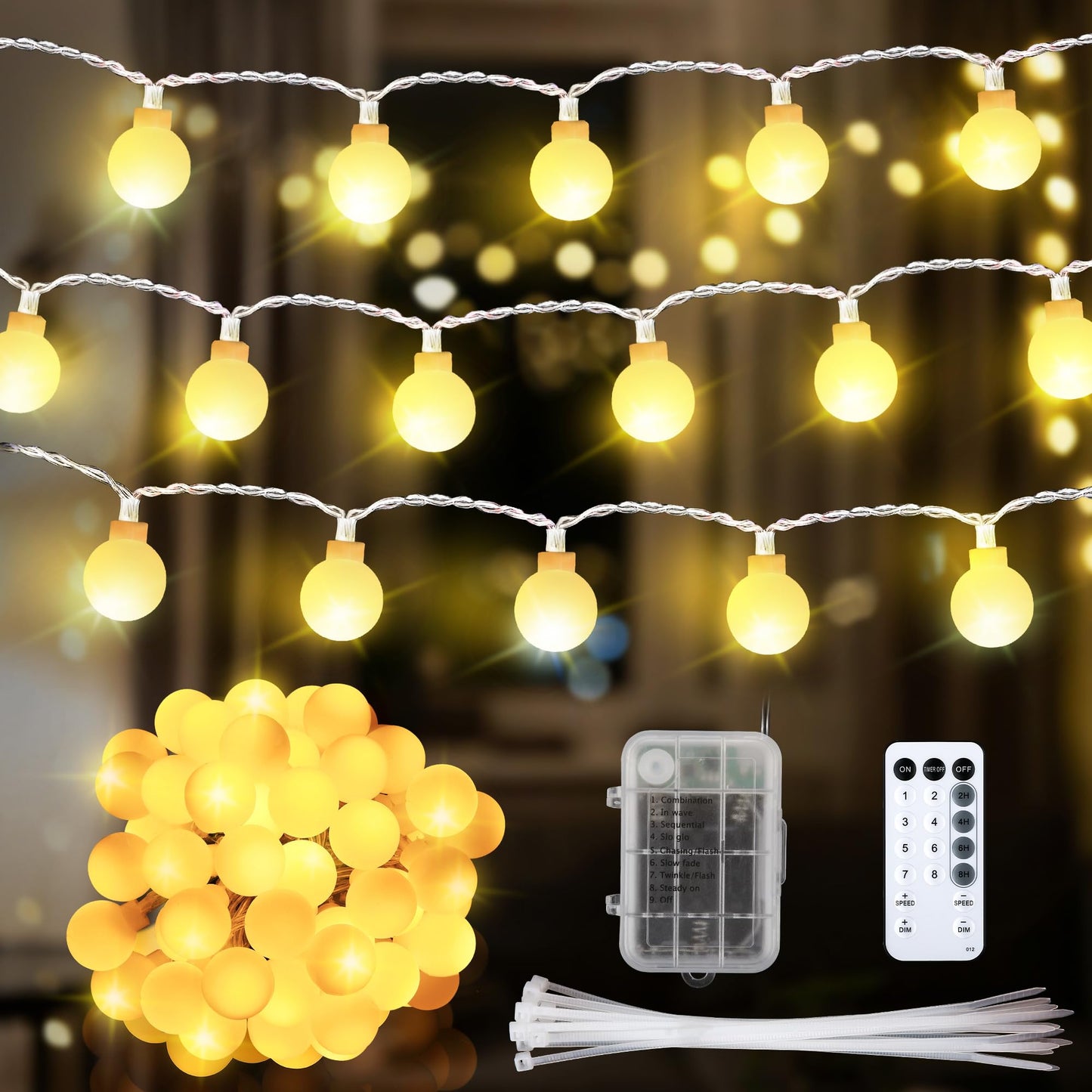 Enhon 1 Pack 23 ft 50 LED Battery Operated String Lights, Globe Starry Fairy Lights, 8 Modes, Plug in with Timer for Indoor Outdoor Bedroom Holiday Wedding Party Christmas Decor (Warm White)