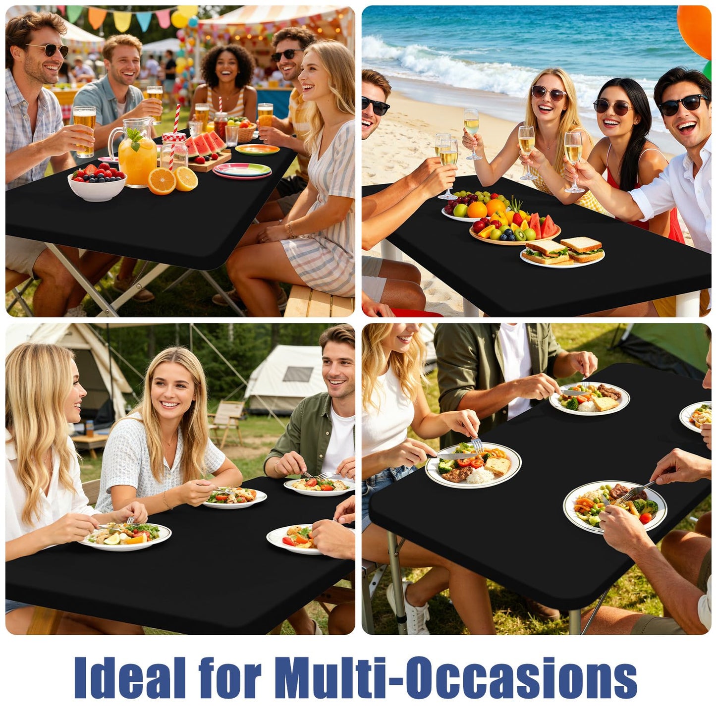 Moosfor Spandex 6 Foot Rectangle Table Cloth 6 Pack, Elastic Fitted Tablecloths for Picnic, Stretch Washable Patio Table Cover for Outdoor, Camping, Banquet and Parties (Black, 30"x72")
