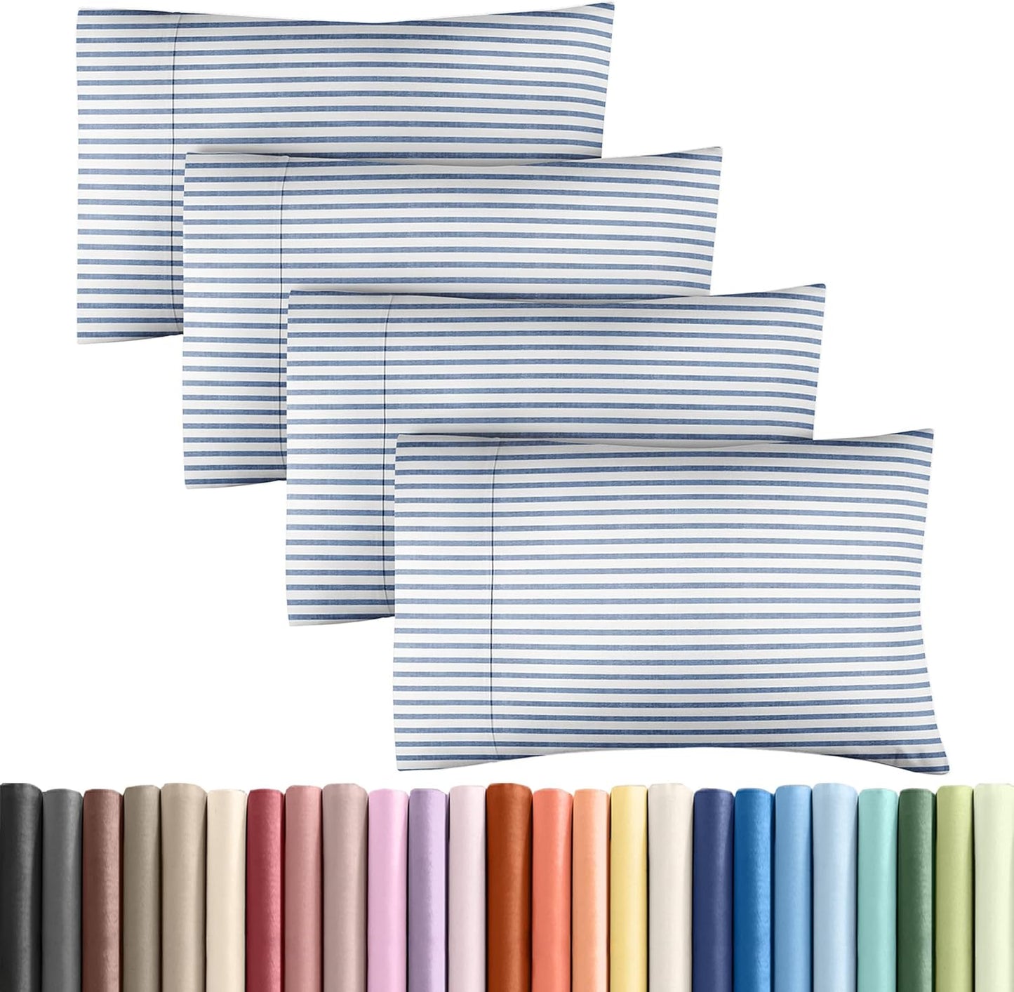 King Pillow Cases by [Brand Name] - Ultra Soft Hotel Quality - Wrinkle Free & Fade Resistant - Set of 4 Blue Stripes