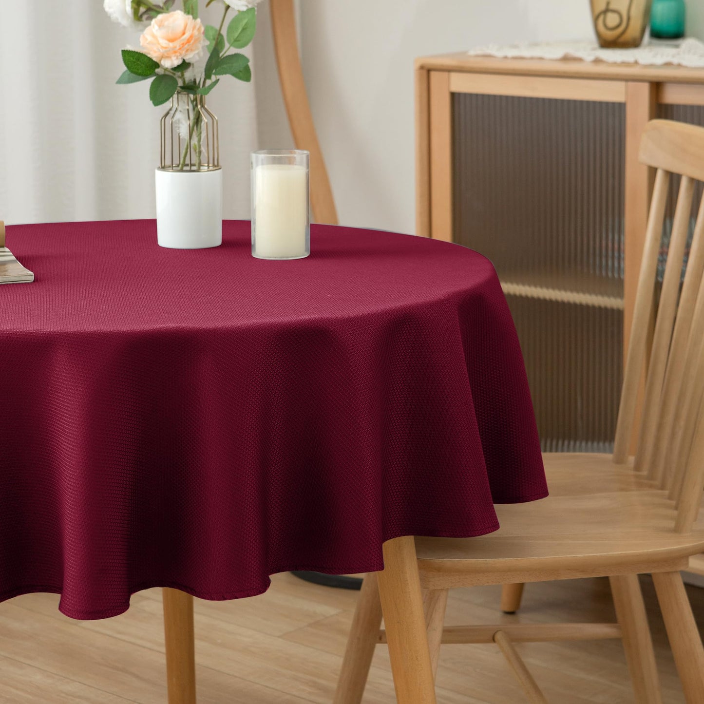 Biscaynebay Textured Fabric Christmas Round Table Cloth 90", Burgundy Water Resistant Washable Folding Table Cloths for Dining, Kitchen, Wedding & Parties Machine Washable