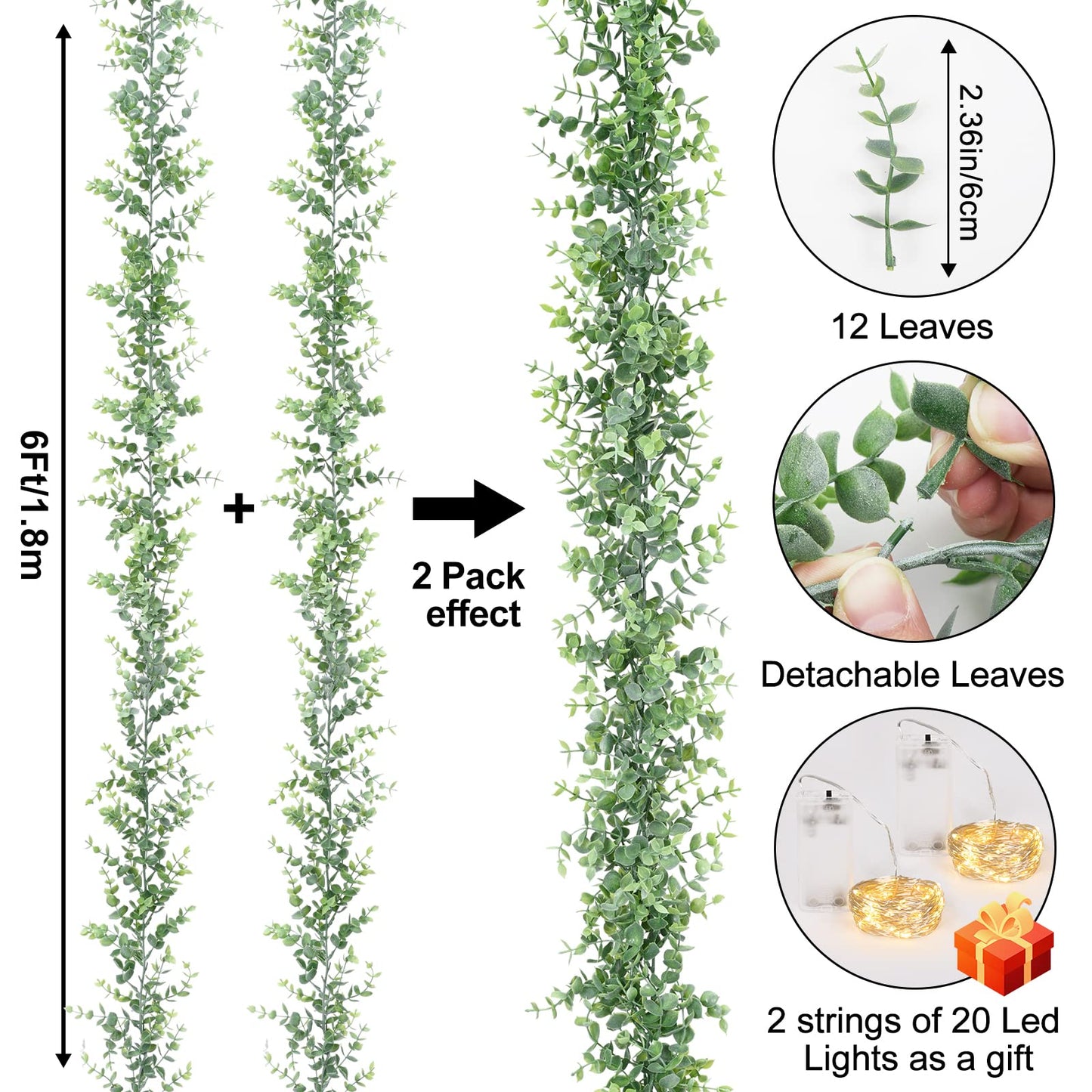 Dolicer 2 Packs Eucalyptus Garland with LED Lights String, 12Ft Faux Eucalyptus Greenery Garland, Artificial Hanging Green Eucalyptus Leaves Vine Wedding Backdrop Arch Wall Table Decor (Grey Green)