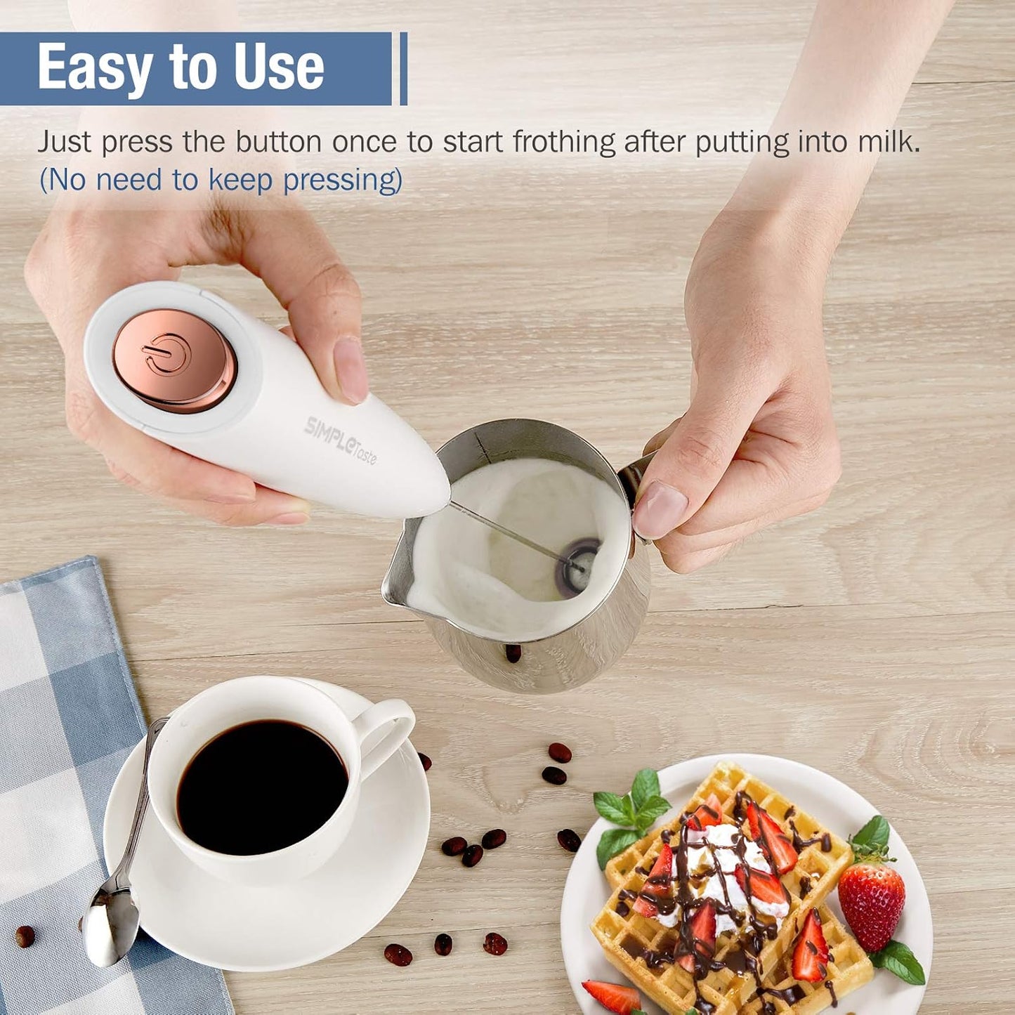 SIMPLETASTE Milk Frother - Handheld Electric Foam Maker for Cappuccino & Latte - White with Stand