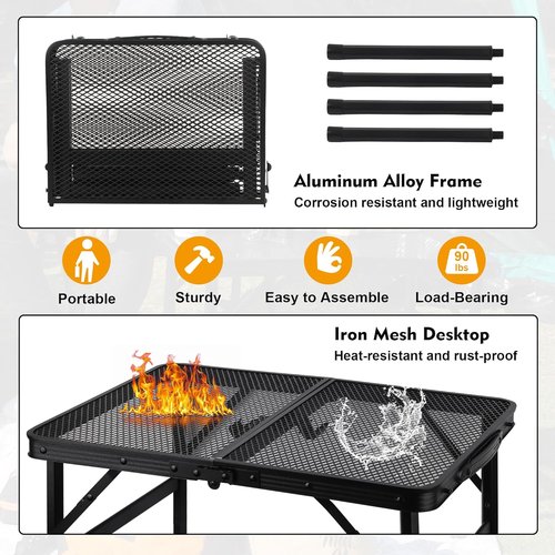 GREGIN Lightweight Portable Camping Table - Mesh Desktop, Height Adjustable, 2 FT Black for BBQ & Picnic