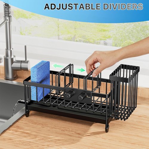 Cisily Kitchen Sink Caddy Organizer - Rustproof 304 Stainless Steel with High Brush Holder | Black Smiley Face, 9.25”