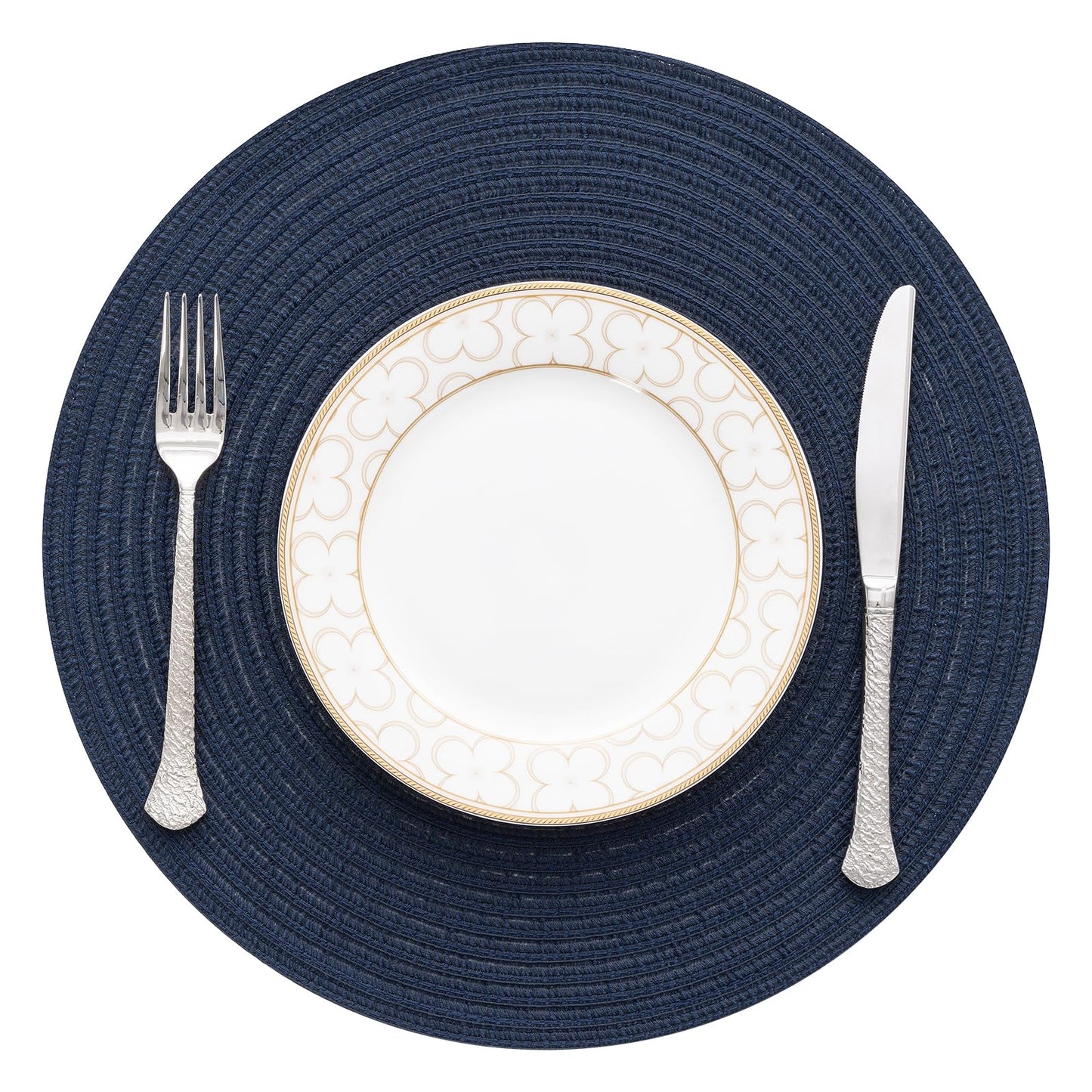 SHACOS Round Placemats Set of 4 Washable 15 inch Round Table Mats Cotton Polyester Woven Braided Place Mats for Dining Table, Navy