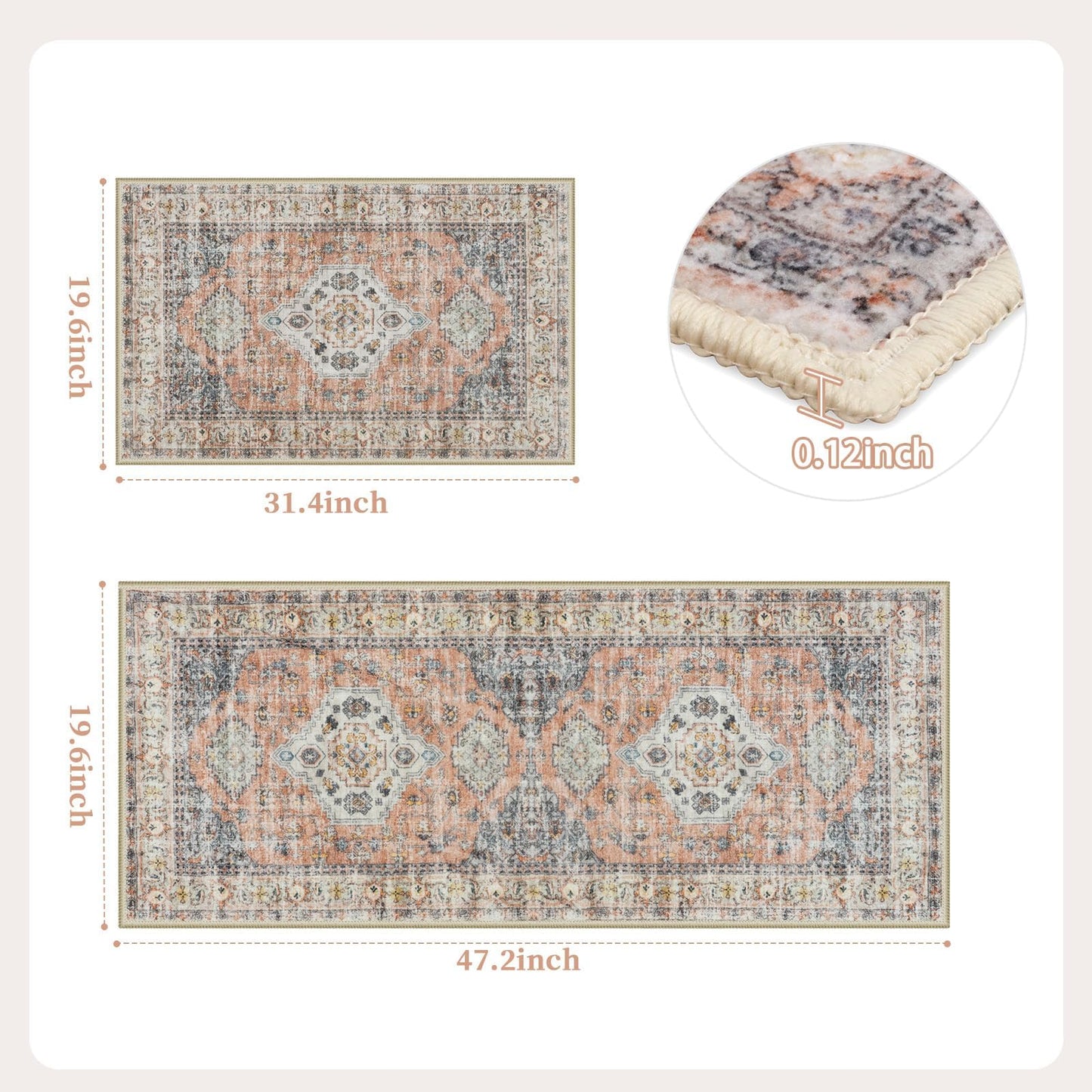 LEEVAN Kitchen Rug Set of 2, Washable Non Slip Kitchen Mat, Vintage Orange Runner Rug, Soft Standing Mat, 20''x31'+20''x47''