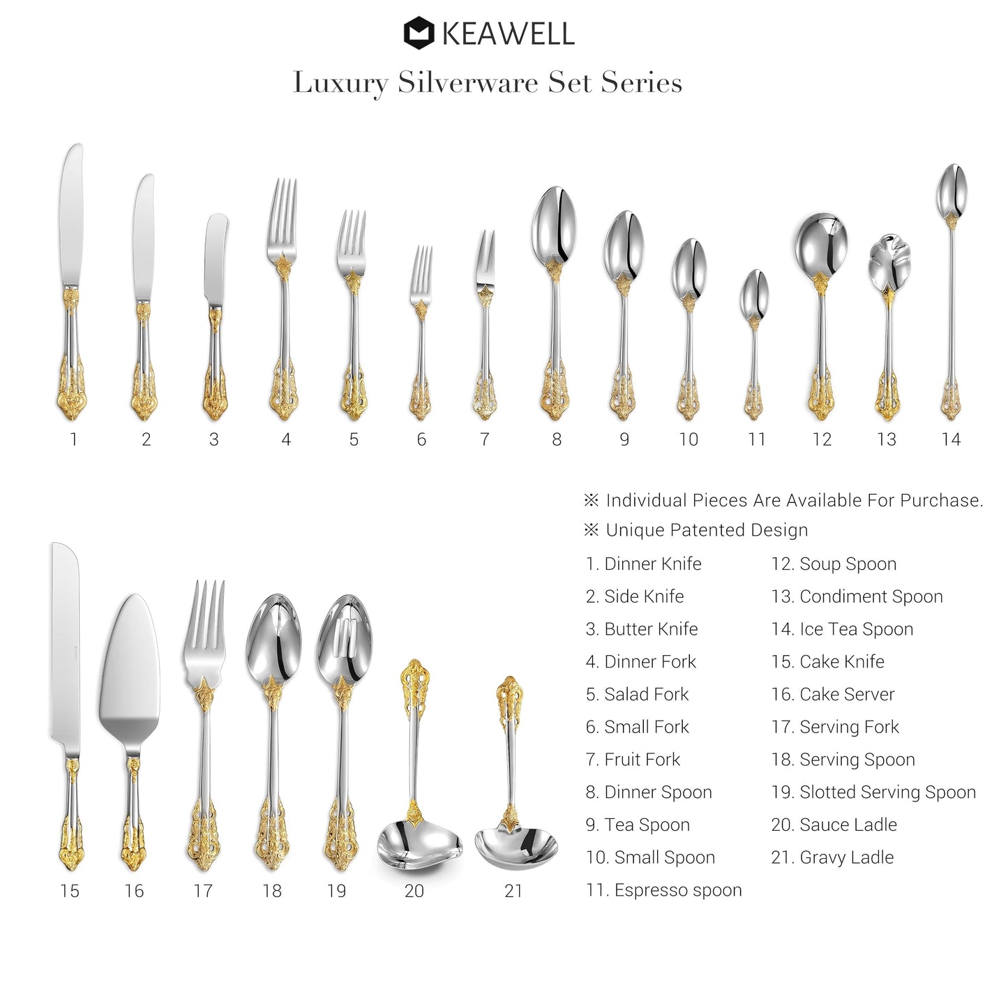 KEAWELL Luxury 5.9" Appetizer Forks, 18/10 Stainless Steel, Set of 4, Gorgeous Cocktail Forks/Dessert Forks (Gold Accent)