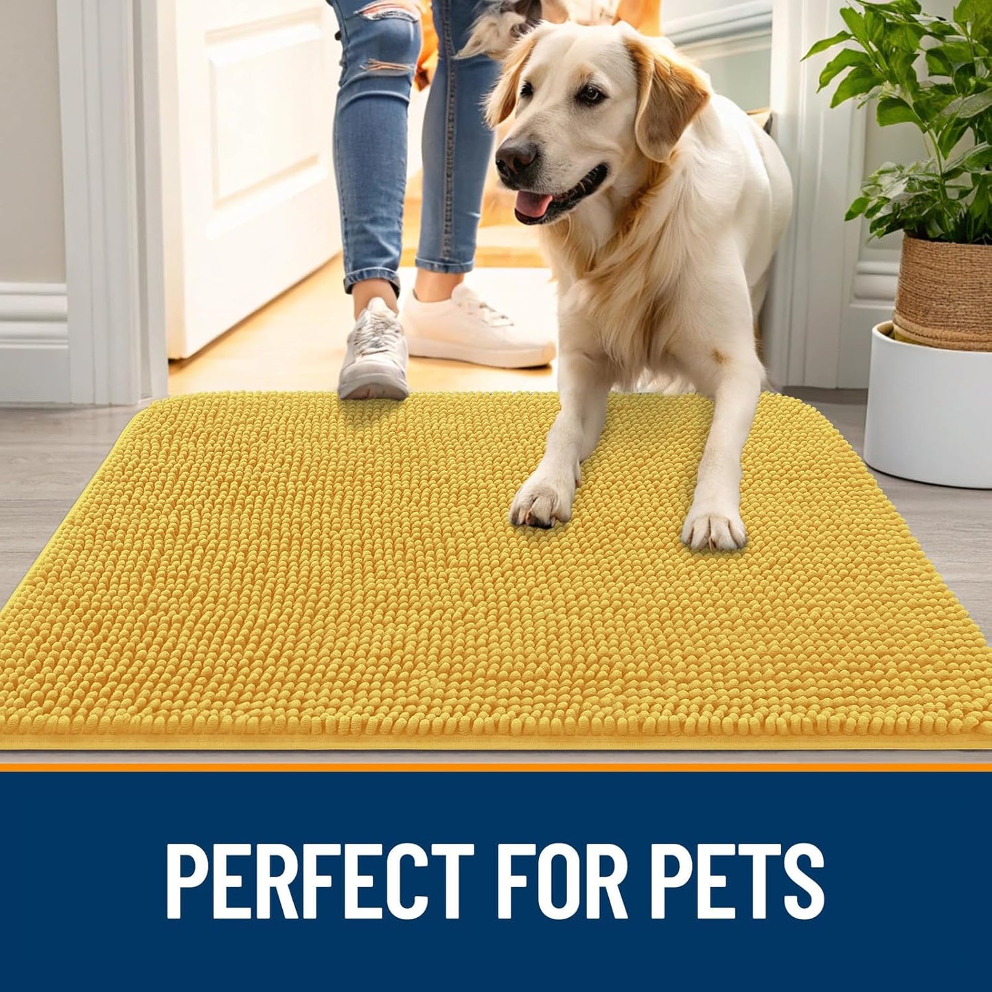 OLANLY Dog Door Mat - Absorbent Non-Slip Washable Chenille Mat for Muddy Paws | 47x32 Yellow