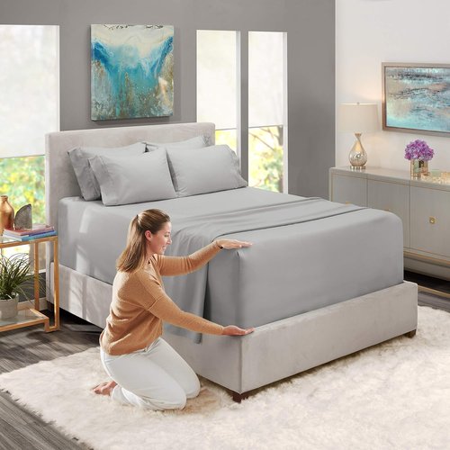 Hearth & Harbor Extra Deep Pocket Twin Sheet Set - Fits Mattresses 18-24 Inches Deep - 4 Piece Silver