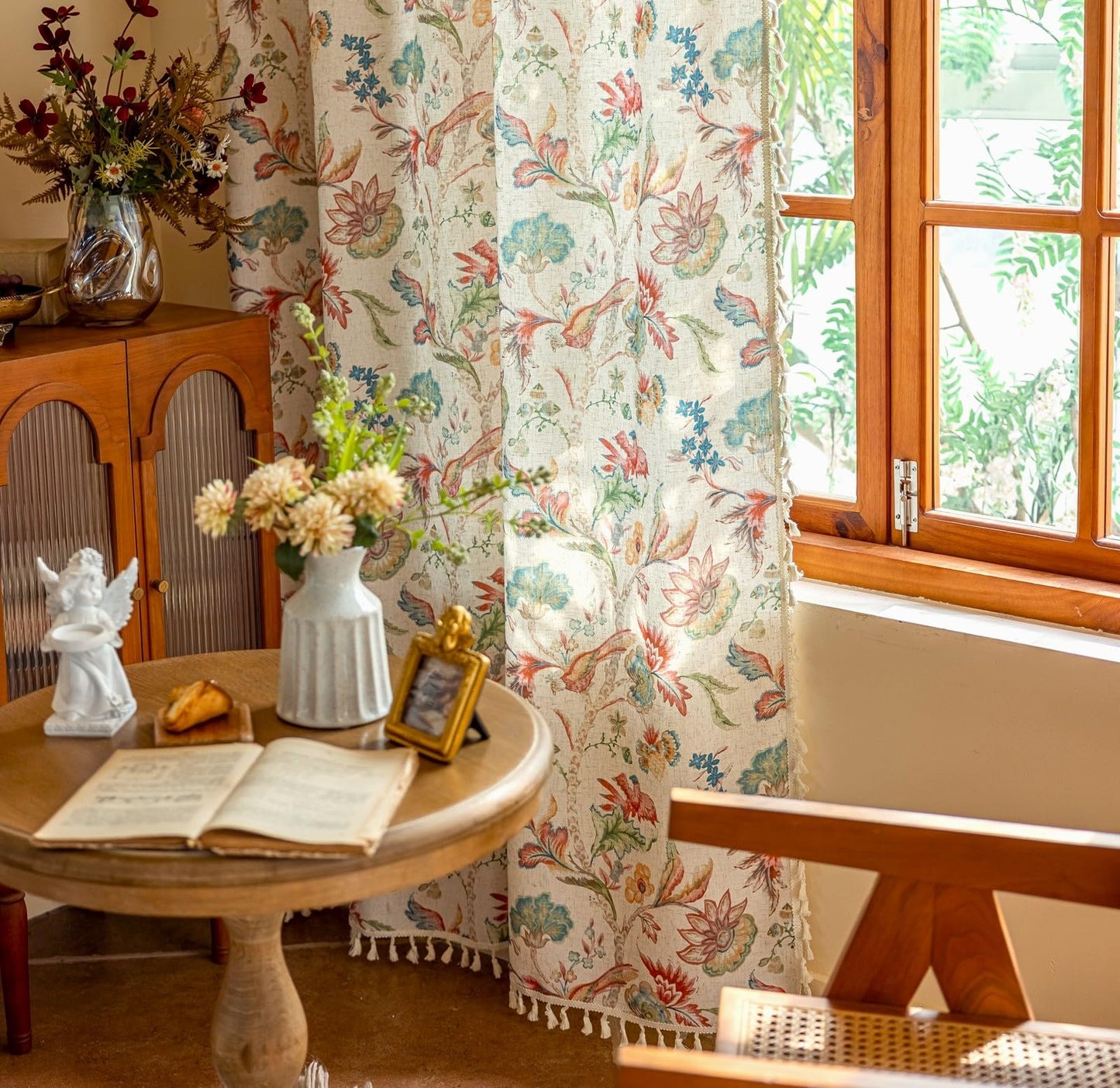 Boho Jacobean Curtains for Living Room 84 Inch Length Colorful Watercolor Bohemian Floral Pattern Linen Window Curtain Panels with Tassel Farmhouse Shabby Chic Drapes Set of 2 W50 x L84 Blue Red