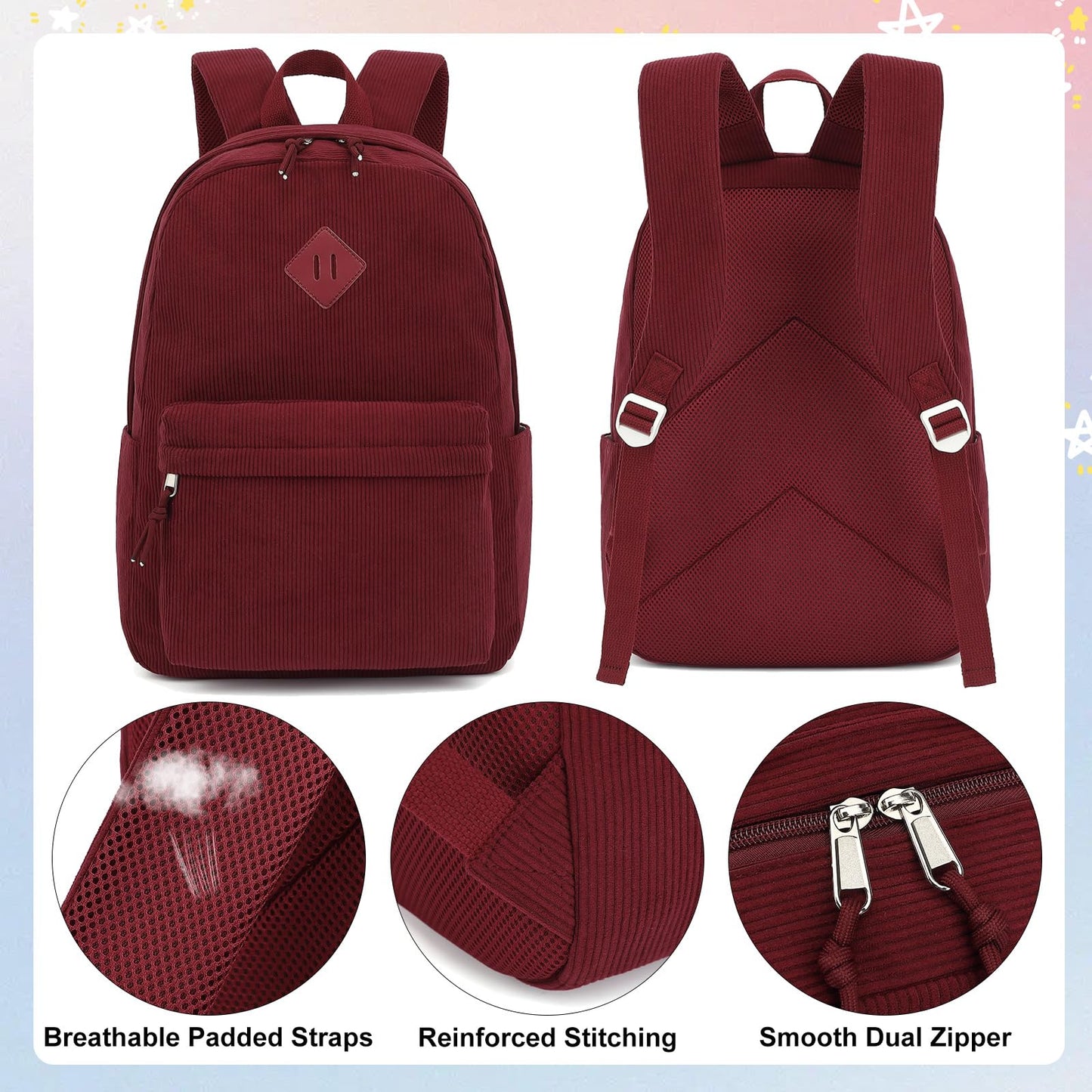 Esfoxes Corduroy Backpack for Girls, Kids Teens Elementary Middle High School Bags Women College Bookbags Travel Daypacks (Wine)
