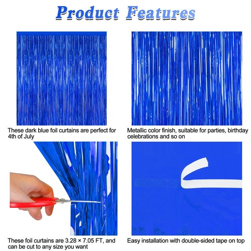 2 PCS Tinsel Backdrop, 3.28 FT x 7.05 FT Dark Blue Backdrop Curtains, Metallic Graduation Fringe Curtains Party Streamer, Navy Blue Party Decorations Photo Props
