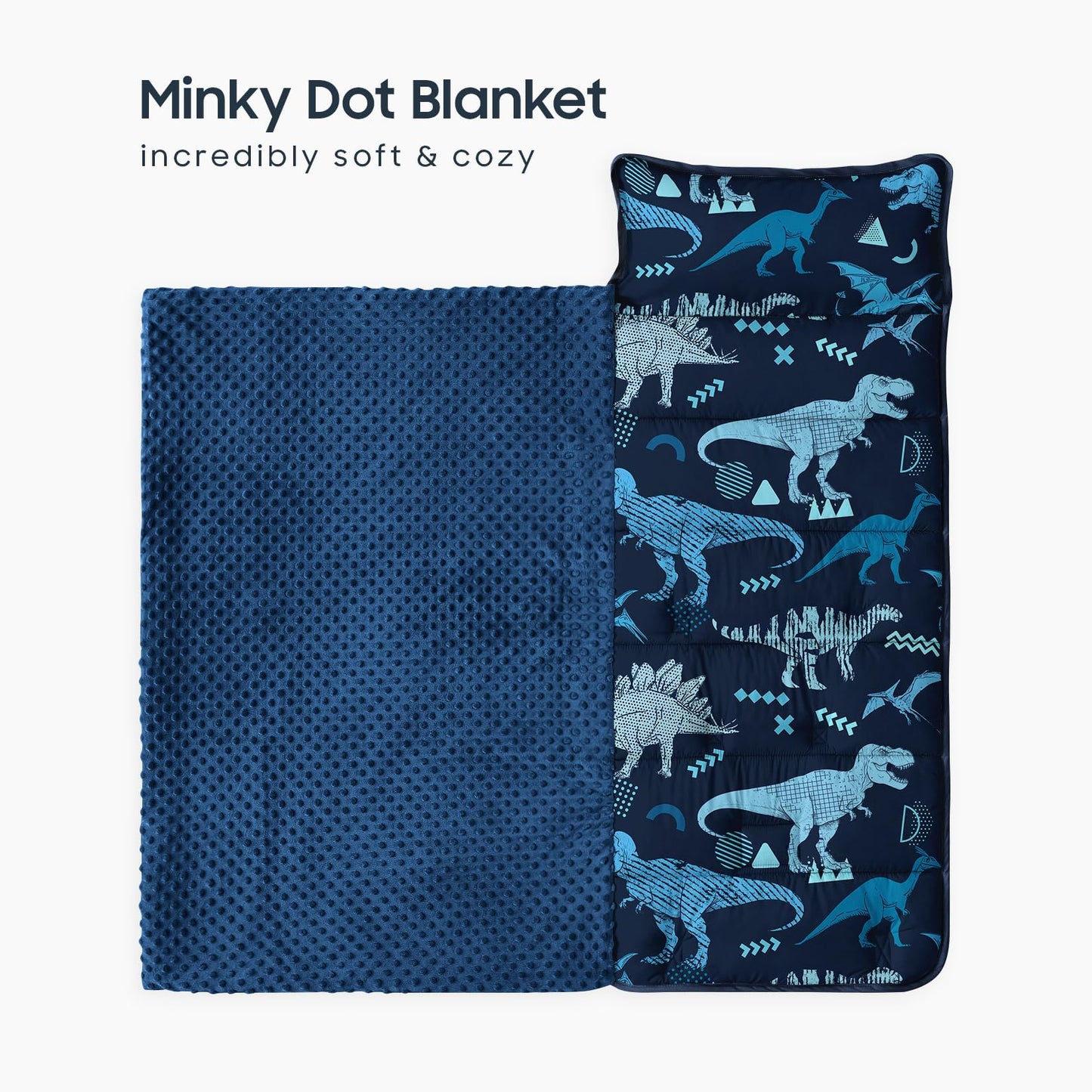 Wake In Cloud - Toddler Nap Mat with Pillow and Minky Fleece Blanket, for Kids Boys in Daycare Preschool Kindergarten, Roll Up Sleeping Bag, Jurassic Dinosaur World Sketch, Navy Blue, Standard