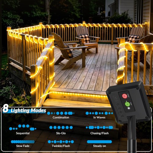 Fairdeer Solar Rope Lights, 33FT 100 LED Solar Fairy Lights with 8 Lighting Modes, IP65 Waterproof Strip Light Outdoor for Garden Yard Patio Deck Fence Tree Party Holiday Decoration, Warm White