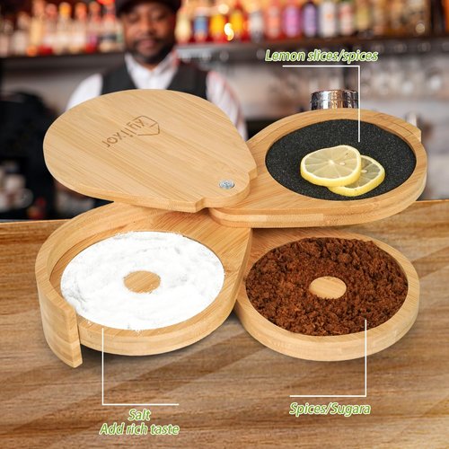 Exylixor Margarita Salt Rimmer Set, 3-Tiers Salt Rimmer for Cocktails, Bamboo Glass Rimmers for Drinks with Lemon Drop Sponges, Bar Salt and Sugar Rimmer for Bartender, Bar Tools & Supplies