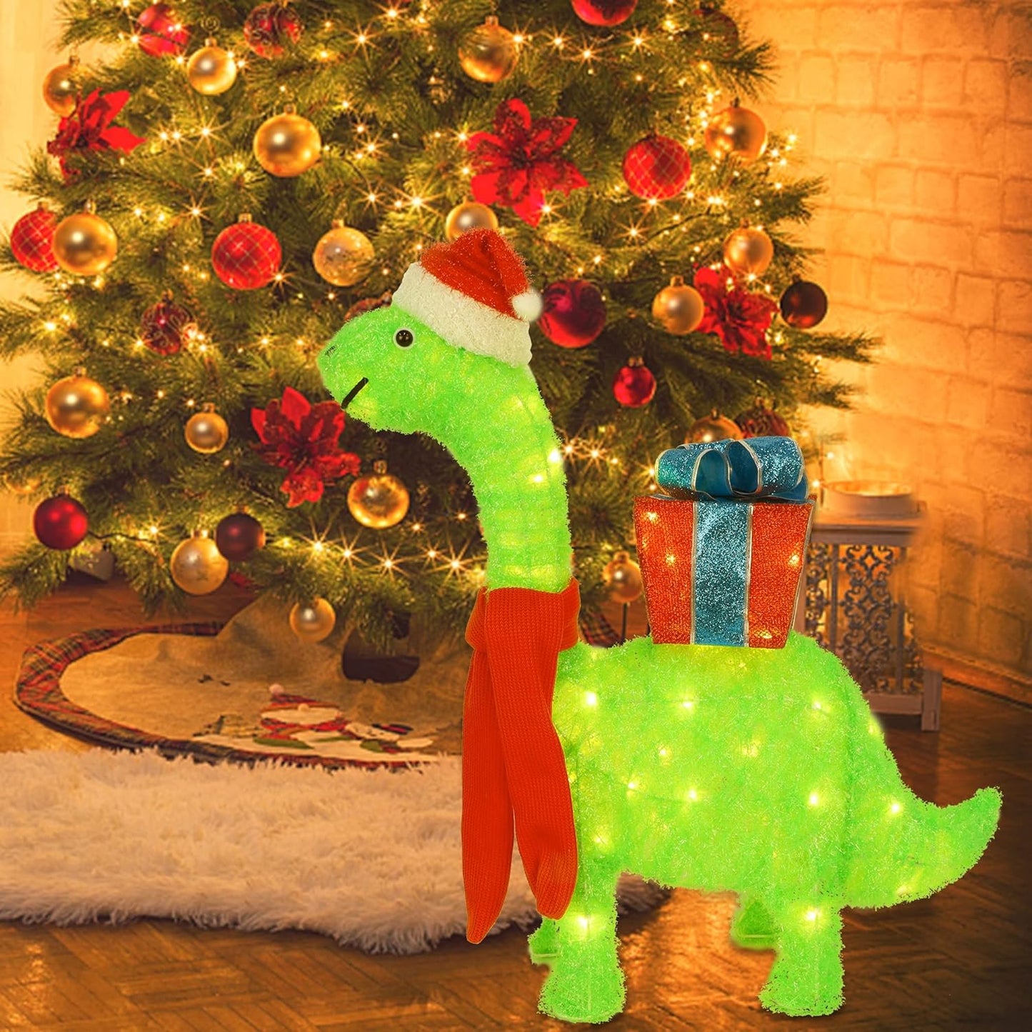 WATERGLIDE 27-Inch Lighted Christmas Dinosaur | Pre-Lit 3D Brachiosaurus Yard Decor with Gift Box