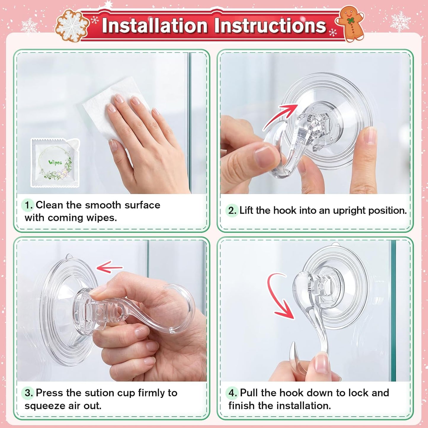 VIS'V Wreath Hanger - Heavy Duty Suction Cup Hooks, 22 LB Capacity, Clear, 2 Pack, Removable & Reusable