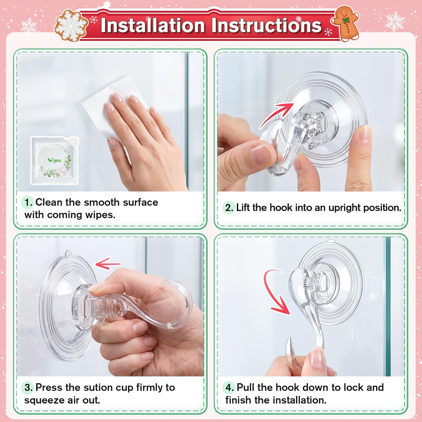 VIS'V Wreath Hanger, Large Suction Cup Wreath Hooks with Wipes, Heavy Duty, 22 LB Capacity, Removable and Reusable, Clear, 8 Pcs