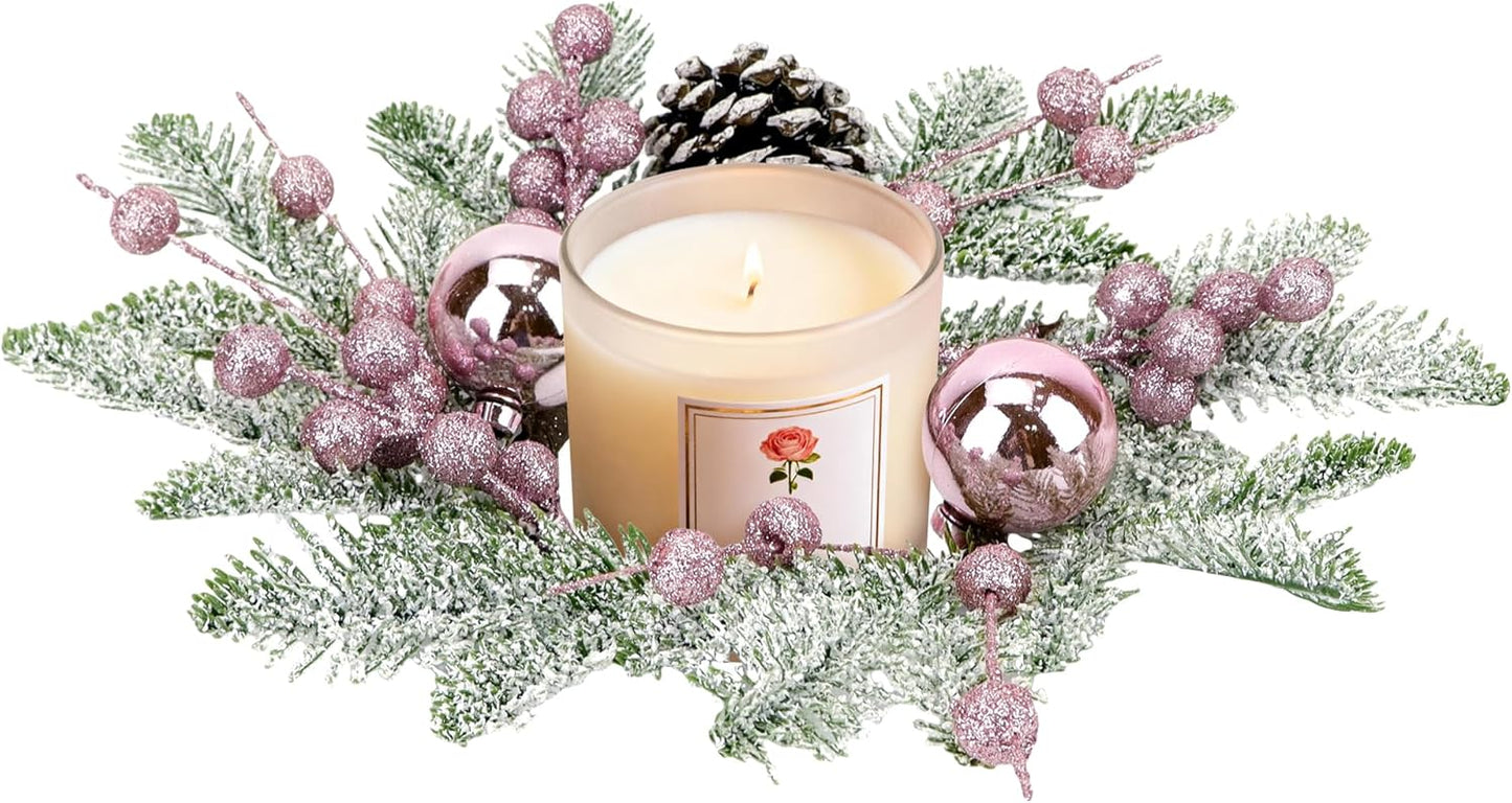 Pink Christmas Candle Rings by [Brand Name] - 8-Inch Wreaths with Pine Cones, Berries & Pine Needles for Festive Table Decor