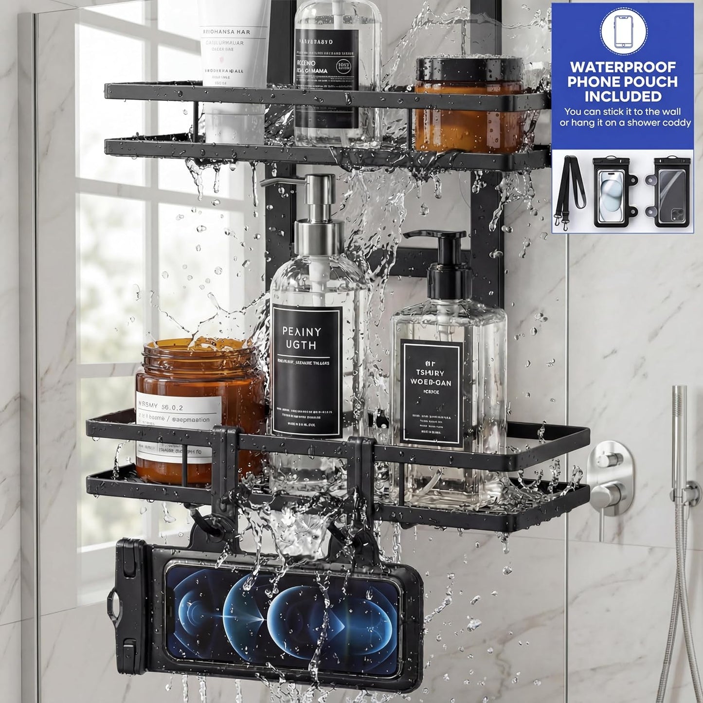 Skiennix Over The Door Shower Caddy - Rustproof 2-Tier Organizer with Waterproof Phone Pouch | Black