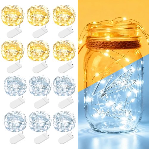 12 Pack Fairy Lights Battery Operated - 7ft 20 LED Twinkle Lights Copper Wire Mini String Lights Firefly Lights for Mason Jars DIY Crafts Christmas Wedding Party Decor, Warm White & Cool White