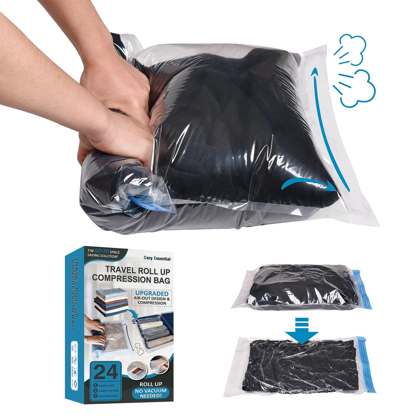Cozy Essential Compression Bags for Travel - Travel Essentials - 24 Pack Space Saver Bags - No Vacuum Needed - Compression Packing Bags for Cruise Accessories