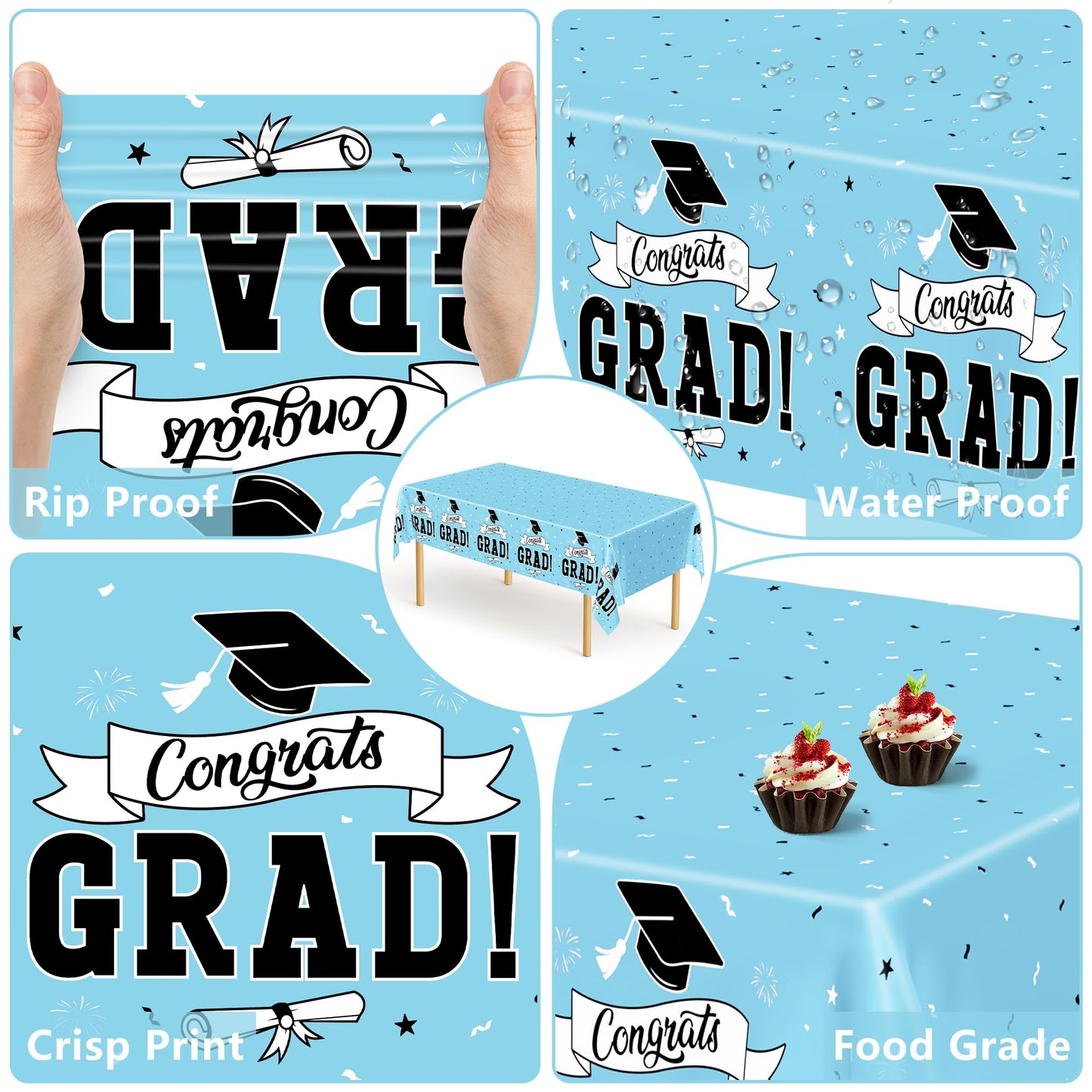 2Pcs Graduation Tablecloths, 108" X 54" Skyblue Graduation Table Decorations 2026, Rectangle Table Cloths for Class 2026 Congrats Grad, Disposable Plastic Tablecover for Grad Decor Party Supplies