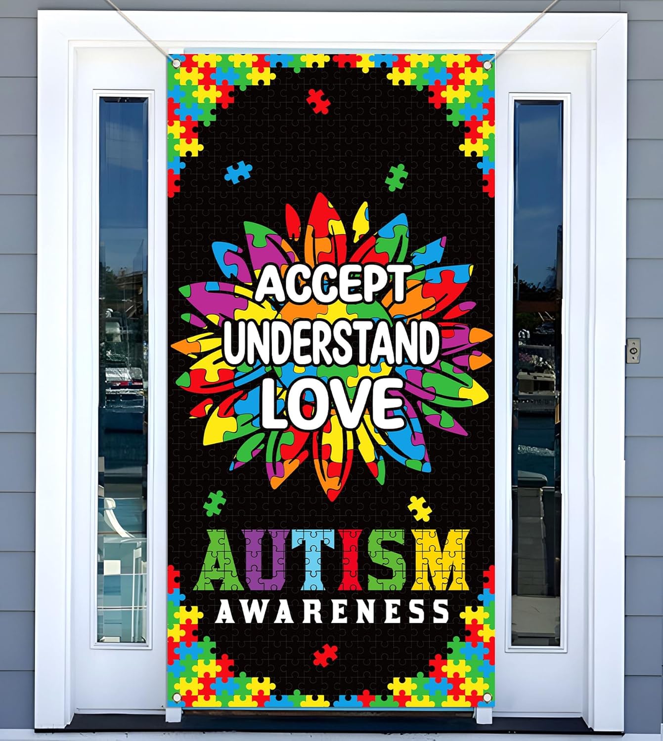 Sunwer Autism Awareness Door Cover - Puzzle Piece Design for April Decoration | Sunflower Front Porch Sign