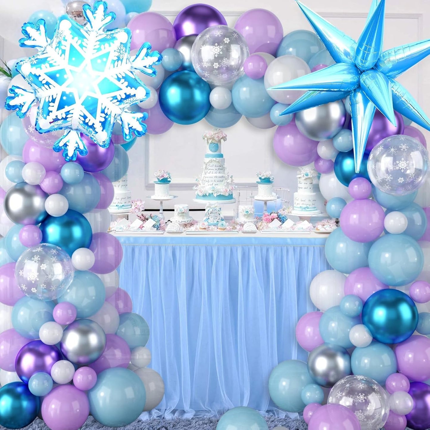 Snow Balloon Garland Arch Kit - Winter Wonderland Decoration with Snowflake Balloons in Blue, Purple, Silver & White