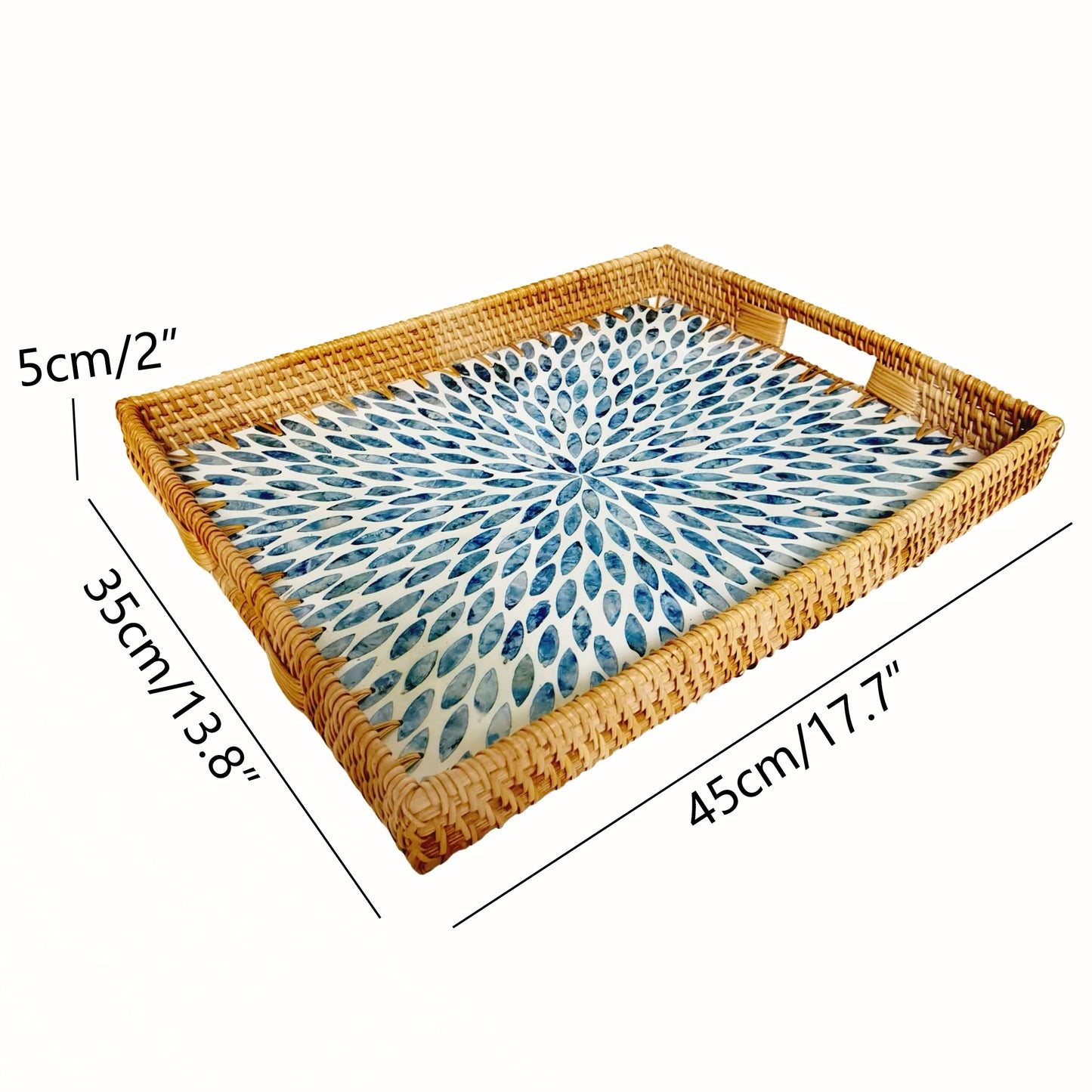 i-lan 18inch Rectangle Rattan Woven and Blue Mother of Pearl Dining Room Table Serving Tray Display Basket with Cutout Handles,Living Room Boho Wicker and MOP Coffee Table Serving Tray Décor