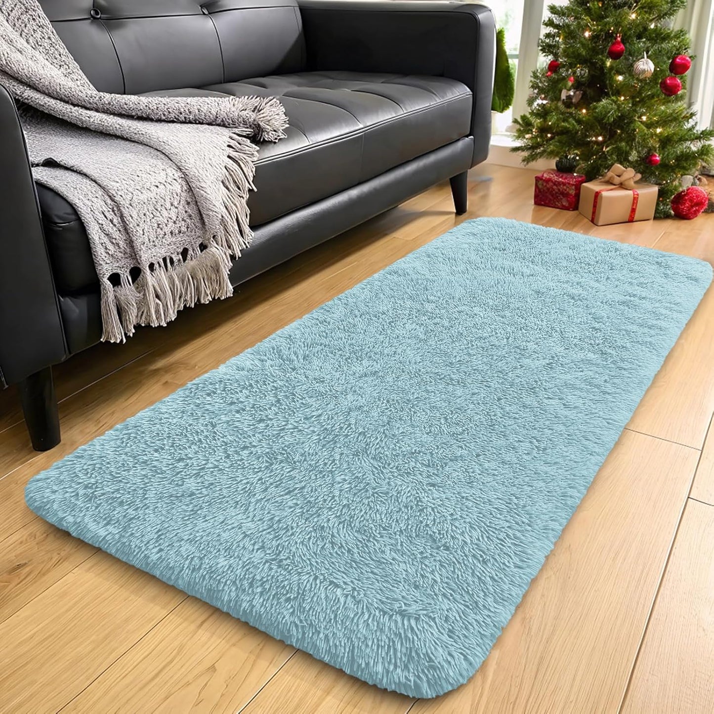OLANLY 2x8 Soft Fluffy Runner Rug - Machine Washable Indoor Carpet for Bedroom & Hallway | Light Blue
