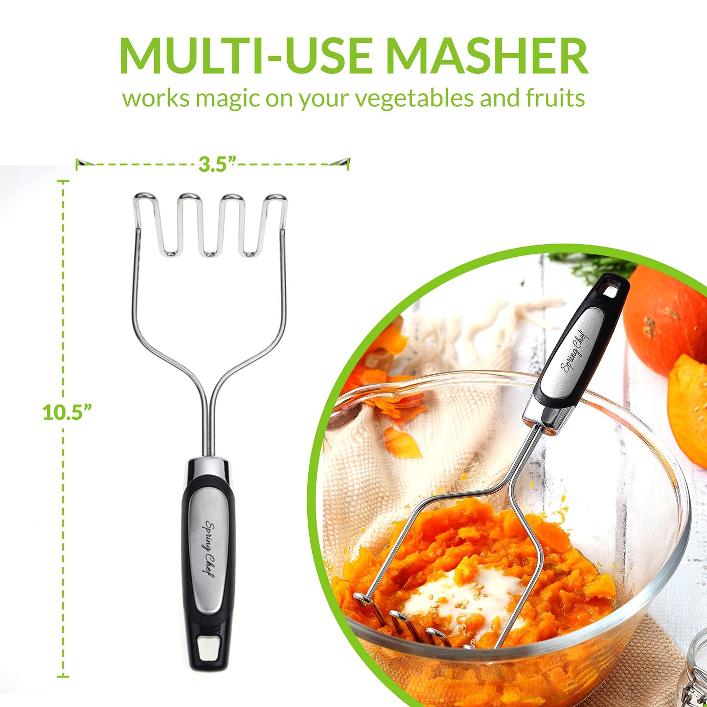 Spring Chef Stainless Steel Premium Vegetable Peeler with Potato Masher, Soft Grip Handle Metal Food Peeler and Masher for Fruit & Vegetables