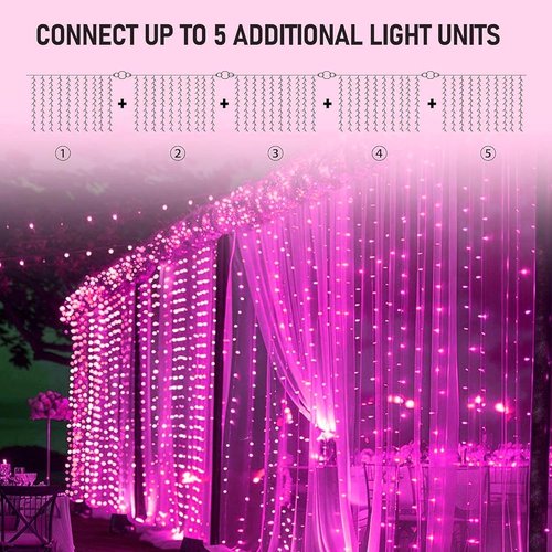Dazzle Bright 300 LED Curtain String Lights - Pink Fairy Lights with 8 Modes | Waterproof for Weddings & Decor