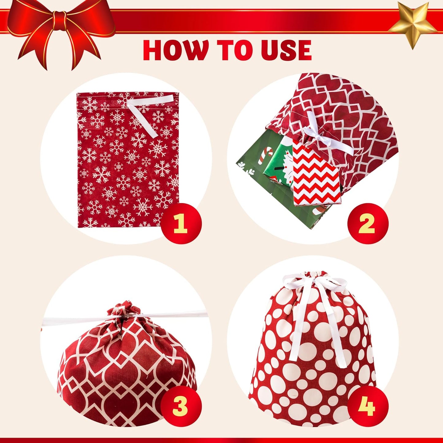 JOYIN 6-Piece Fabric Gift Bags - Elegant Red Design for All Seasons | Perfect for Holiday Present Giving