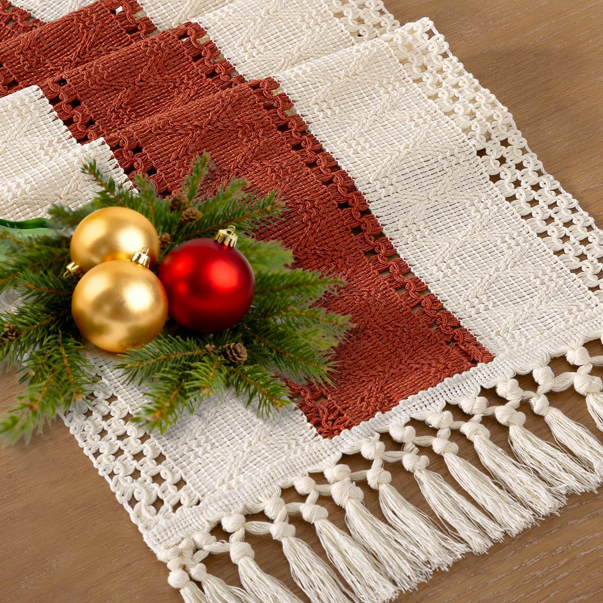 Socomi Boho Table Runner Macrame Summer Farmhouse Woven Cotton Linen Rustic Table Runner with Tassels for Dresser Scarf Home Decor Dining Room 12x90 inch Terracotta Ivory