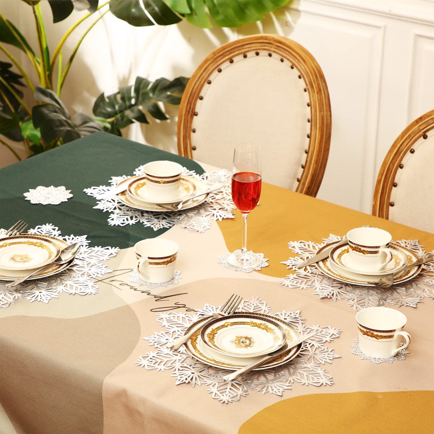 Sieral Snowflake Placemats and Coasters Set Pressed Vinyl 15 Inch Placemats and 4 Inch Coasters for Christmas Winter Wedding Party Dinner Table Decoration(Silver,24 Sets)