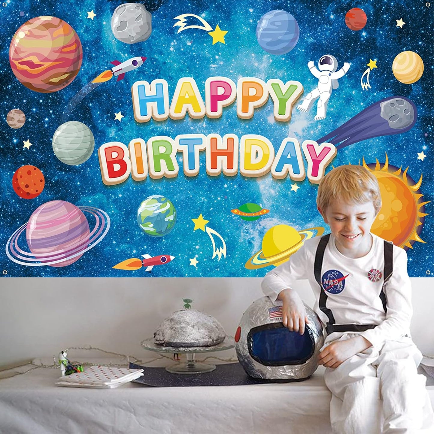 Space Happy Birthday Backdrop Banner - Large Blue Astronaut Decorations for Kids' Galaxy Theme Party